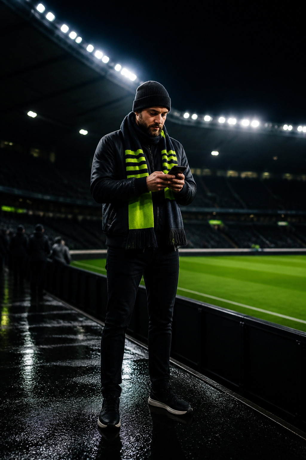 Sports fan using a smartphone outside a stadium