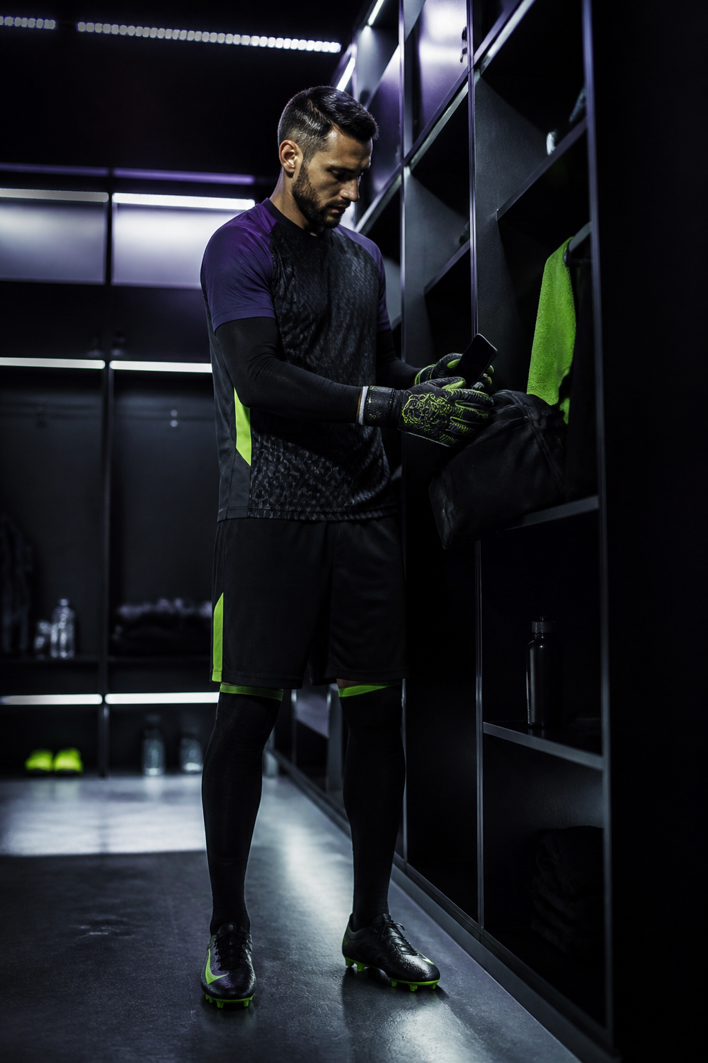 Goalkeeper checking protective equipment
